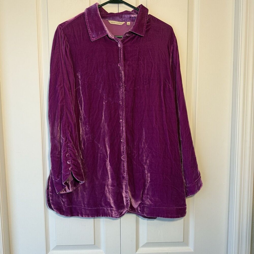 Soft Surroundings Size M Pink/Purple Velvet Boyfriend Tunic Button Shirt Top